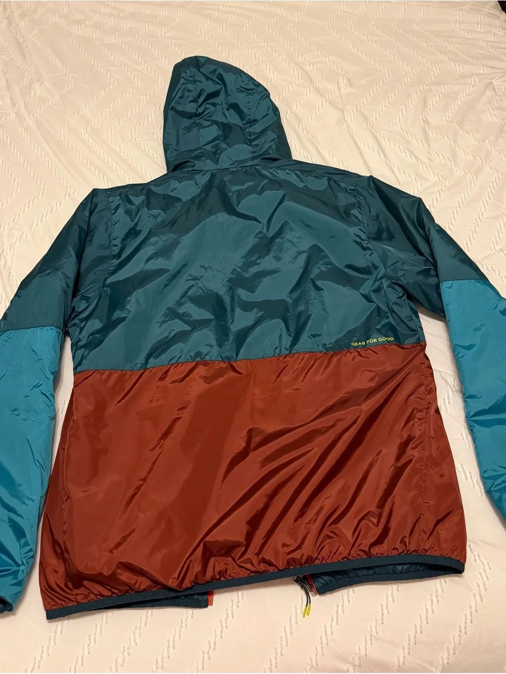 cotopaxi Teal, Light Blue, Green & Rust Colorblock Hooded Windbreaker
